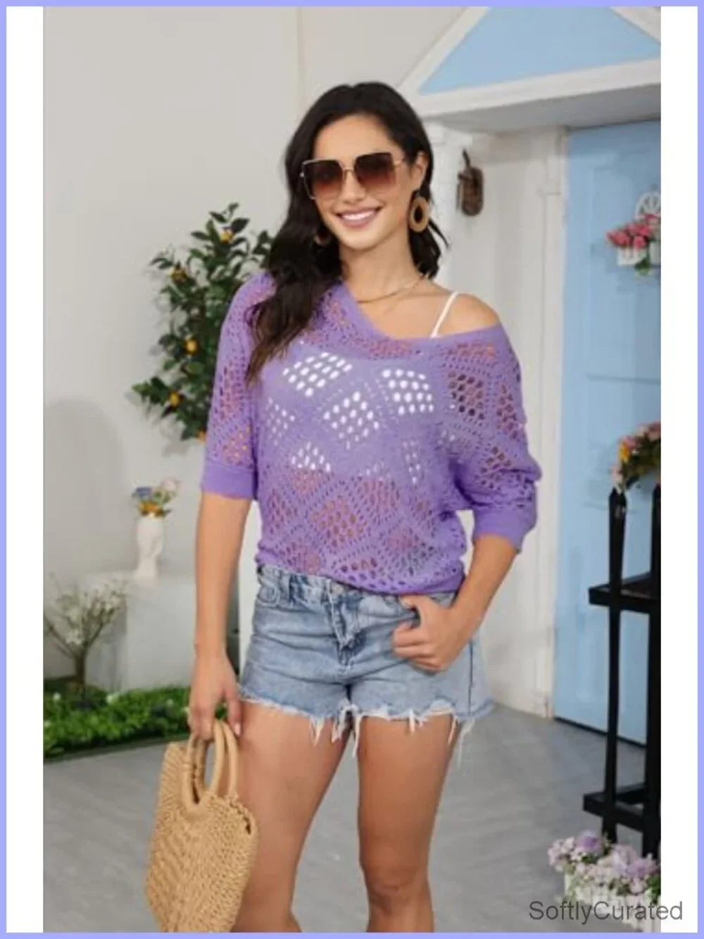 Women's Crochet Knit Pullover Hollow-Out 3/4 Batwing Sleeve Lightweight Boho